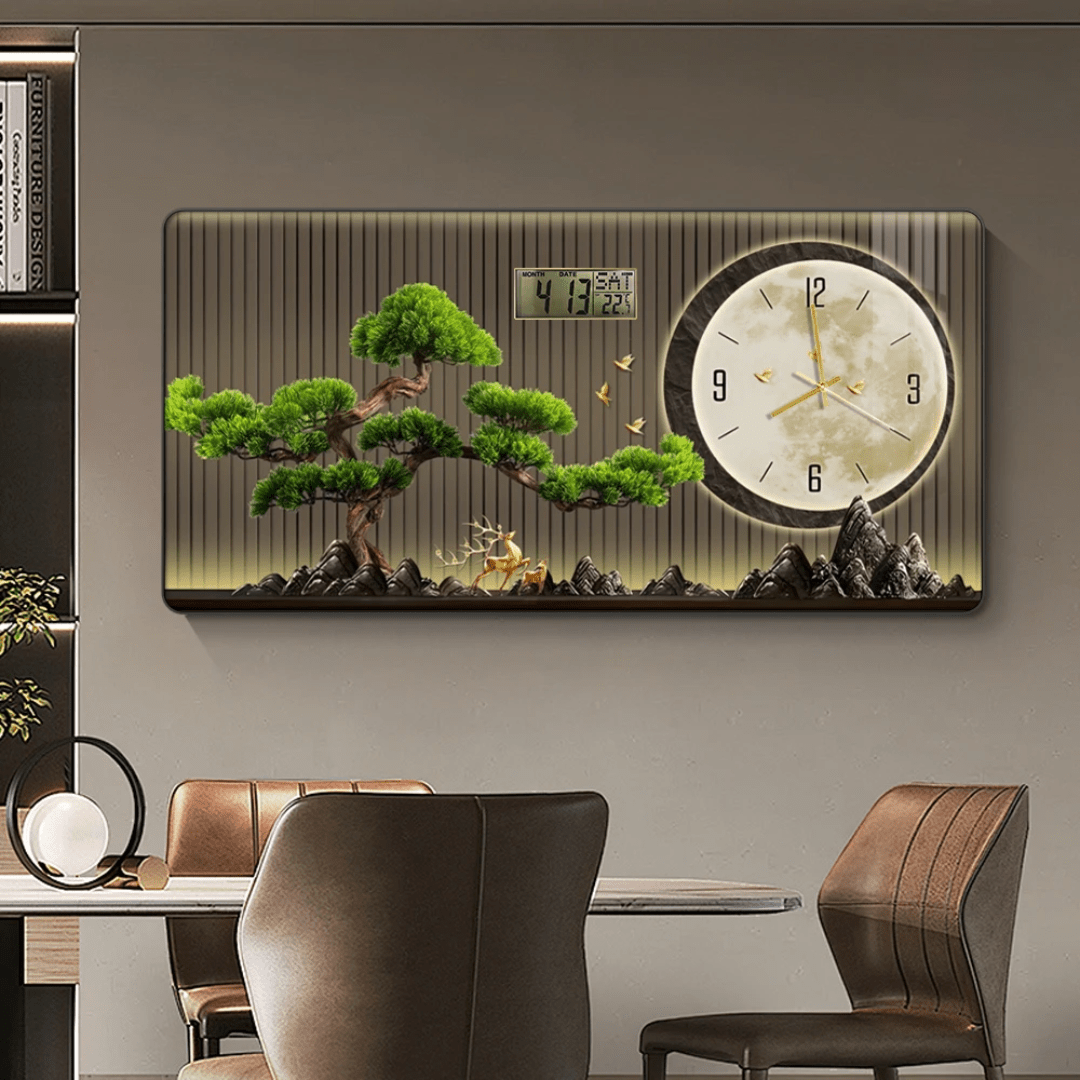 Modern Calendar Clock Wall Art – LED Landscape Wall Decor with Analog & Digital Display | - Elegant Households KE