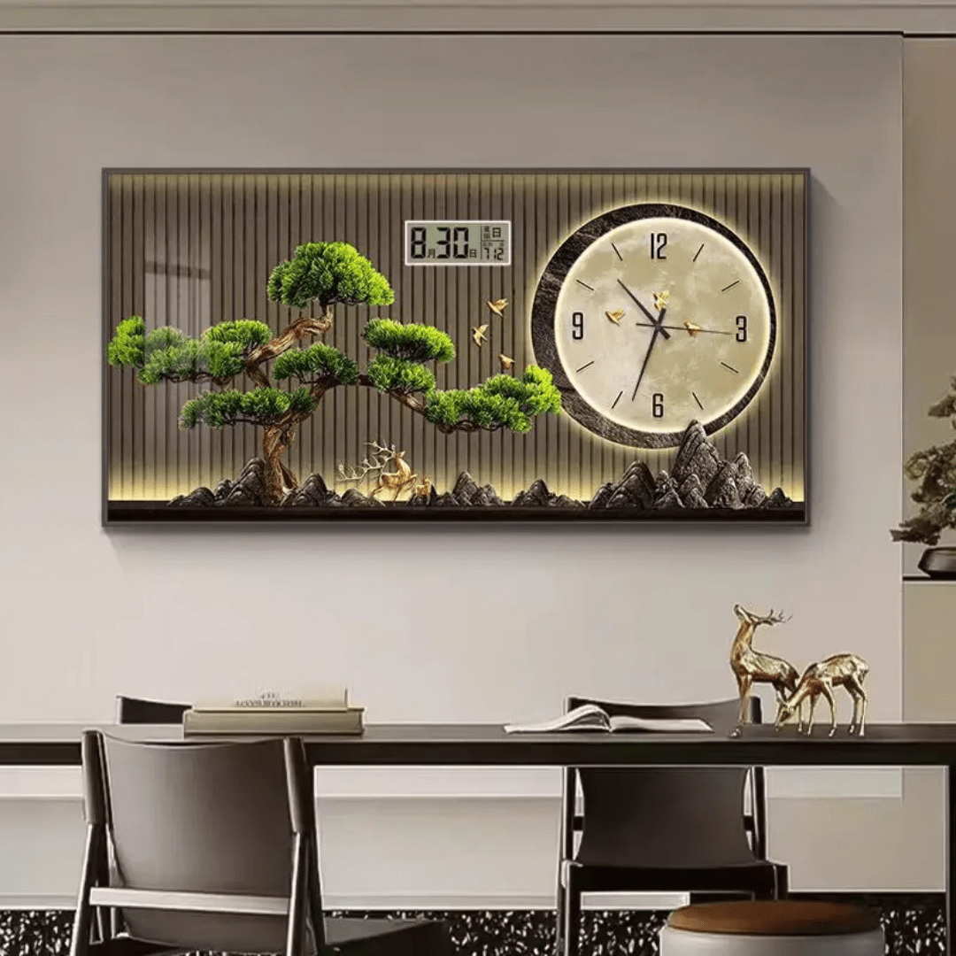Modern Calendar Clock Wall Art – LED Landscape Wall Decor with Analog & Digital Display | - Elegant Households KE