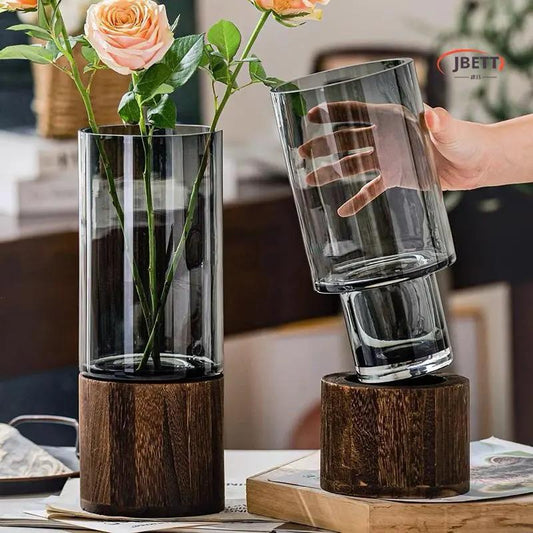 Modern creative glass vase with wooden base | - Elegant Households KE