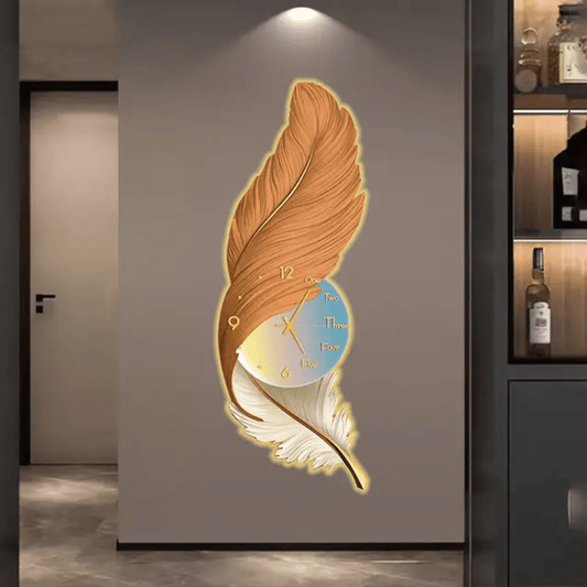 Modern LED Feather Wall Clock – Lighted Decorative Feather Art for Living Room & Home Decor | - Elegant Households KE