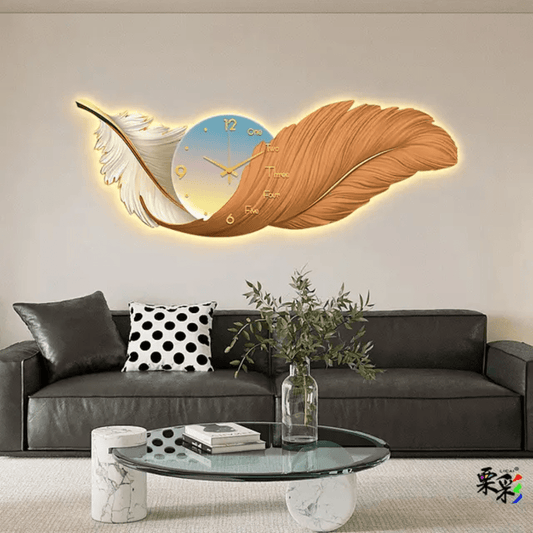 Modern LED Feather Wall Clock – Lighted Decorative Feather Art for Living Room & Home Decor | - Elegant Households KE