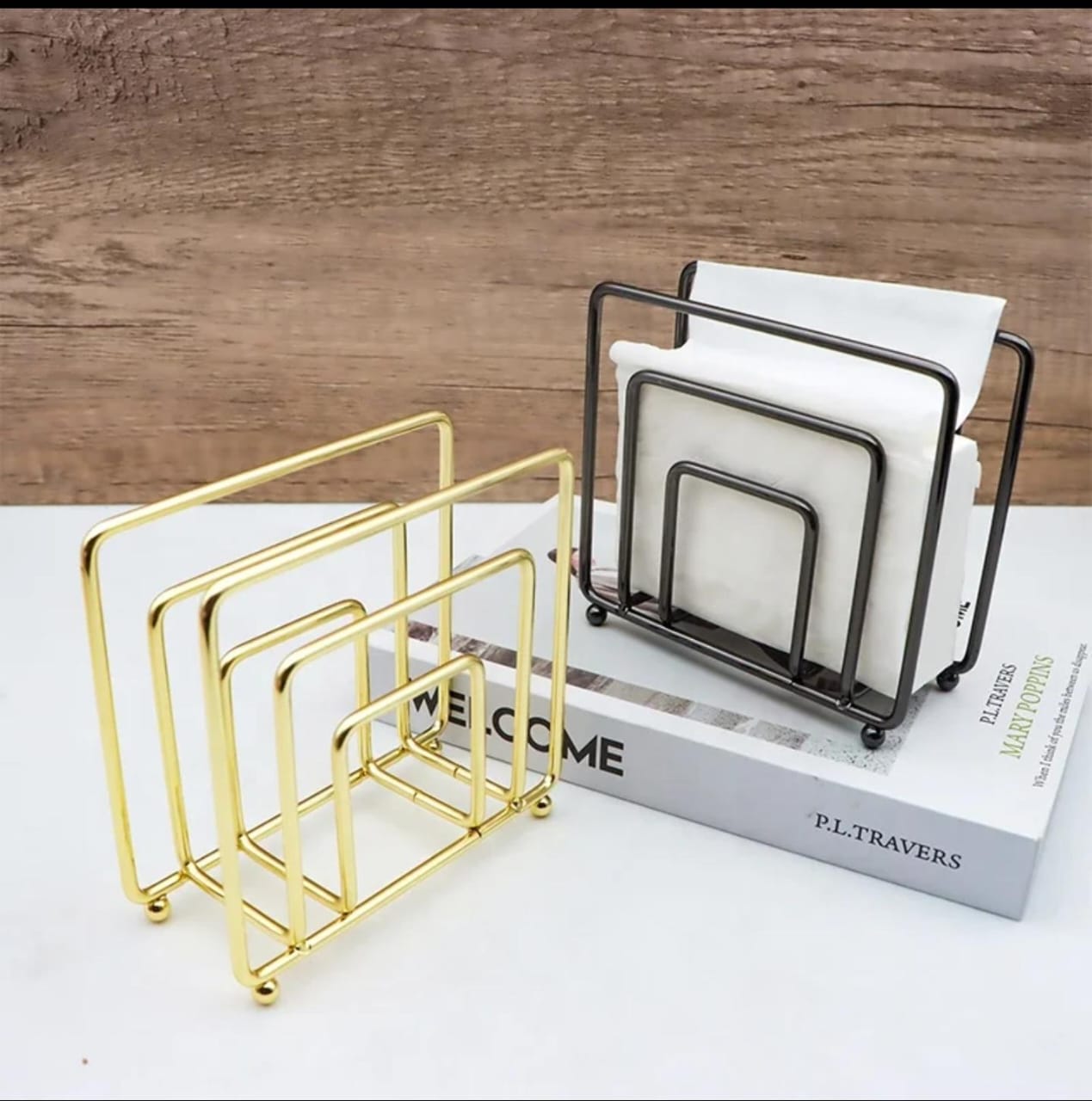 Modern Minimalist Metallic Serviette Holder – Black & Gold Napkin Organizer | - Elegant Households KE