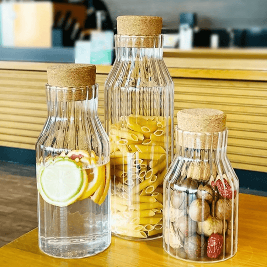 Mulit - purpose Modern Household Borosilicate Glass Storage Jar with Acacia wooden cork Lid | - Elegant Households KE