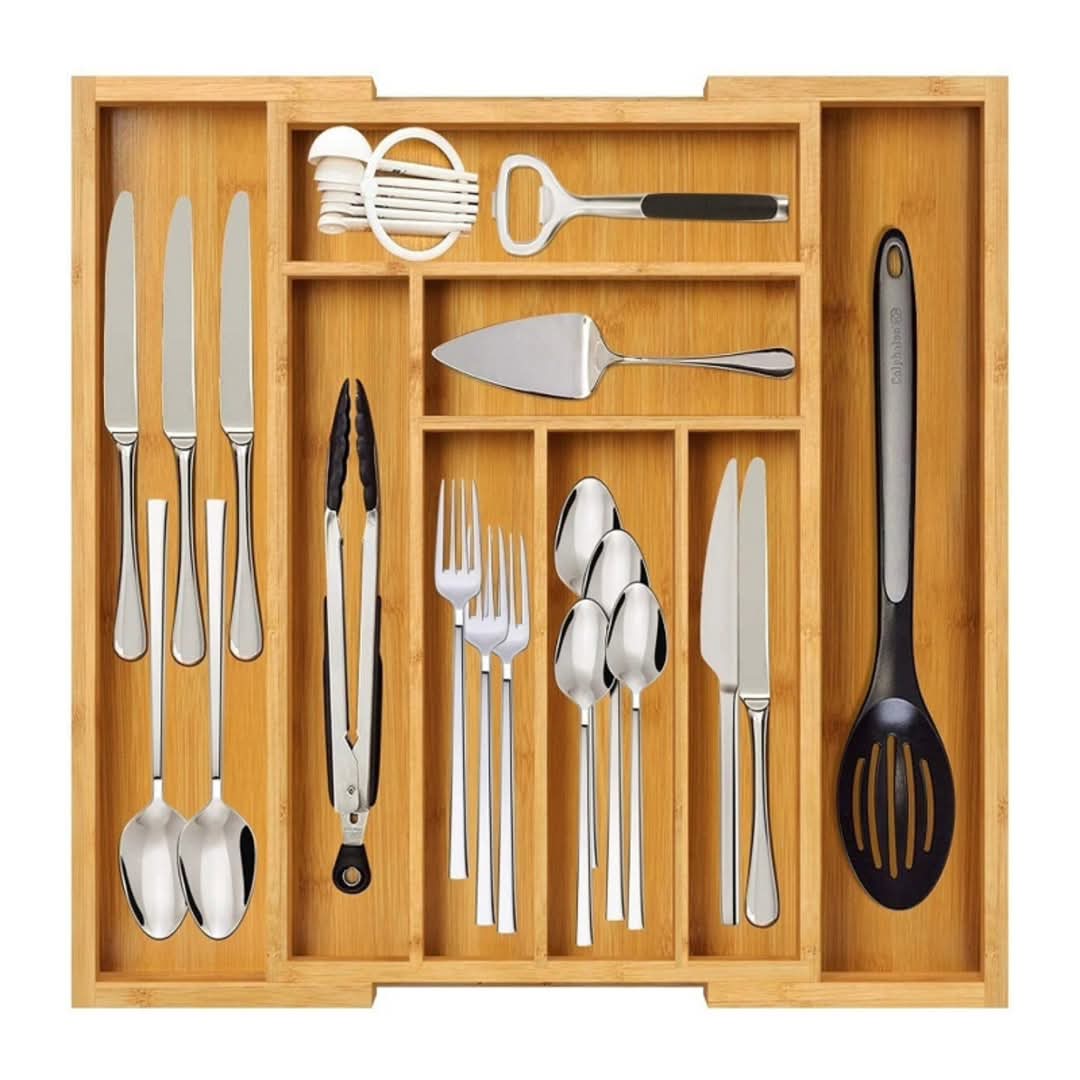 Multifunctional Big bamboo Expandable wooden cutlery drawer organizer | - Elegant Households KE