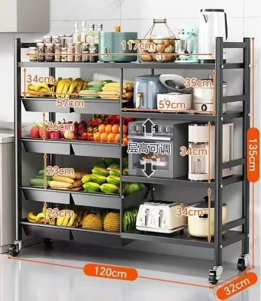 Multifunctional Heavy - Duty Metallic Kitchen Rack | Black Storage Shelf with Removable Baskets & Lockable Wheels | - Elegant Households KE