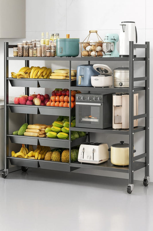 Multifunctional Heavy - Duty Metallic Kitchen Rack | Black Storage Shelf with Removable Baskets & Lockable Wheels | - Elegant Households KE