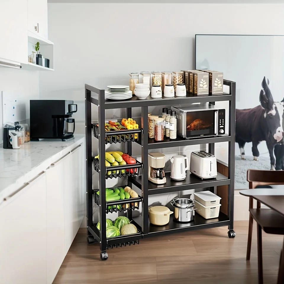 Kitchen Rack - Multifunctional Metallic Rack with Wheels & Storage