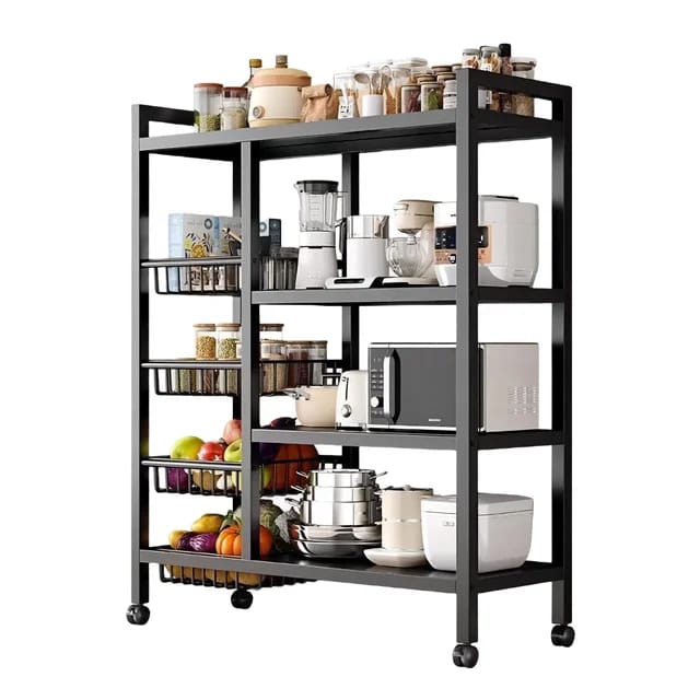 Kitchen Rack - Multifunctional Metallic Rack with Wheels & Storage
