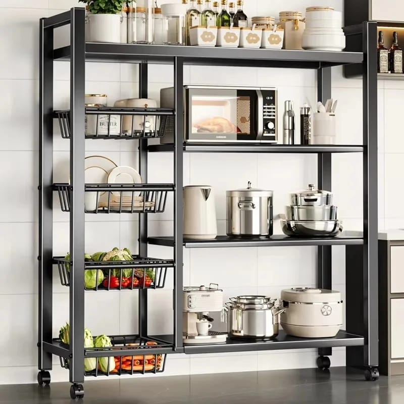 Kitchen Rack - Multifunctional Metallic Rack with Wheels & Storage