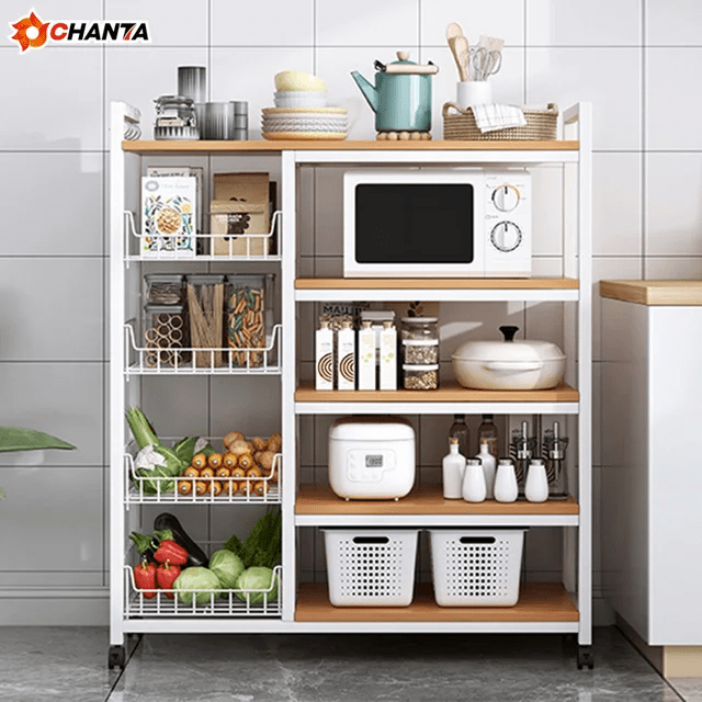 Multifunctional Strong metallic Kitchen rack with movable &amp; lockable wheels | - Elegant Households KE