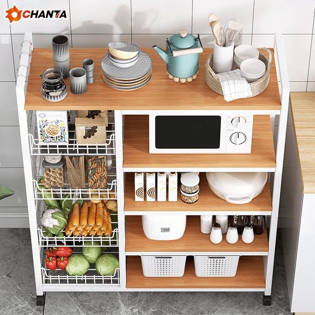 Multifunctional Strong metallic Kitchen rack with movable &amp; lockable wheels | - Elegant Households KE