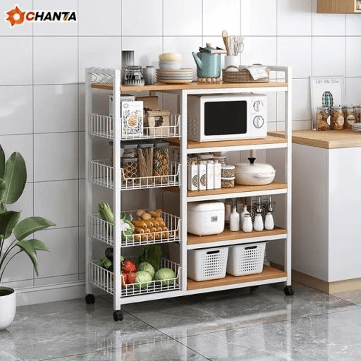 Multifunctional Strong metallic Kitchen rack with movable &amp; lockable wheels | - Elegant Households KE