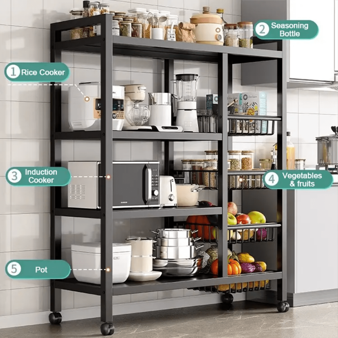 Multifunctional Strong metallic kitchen rack with movable & lockable wheels | - Elegant Households KE