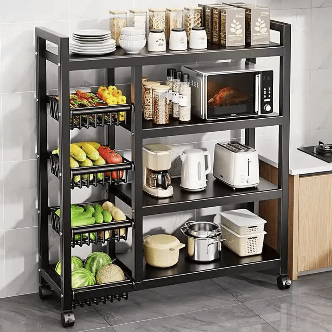 Multifunctional Strong metallic kitchen rack with movable & lockable wheels | - Elegant Households KE
