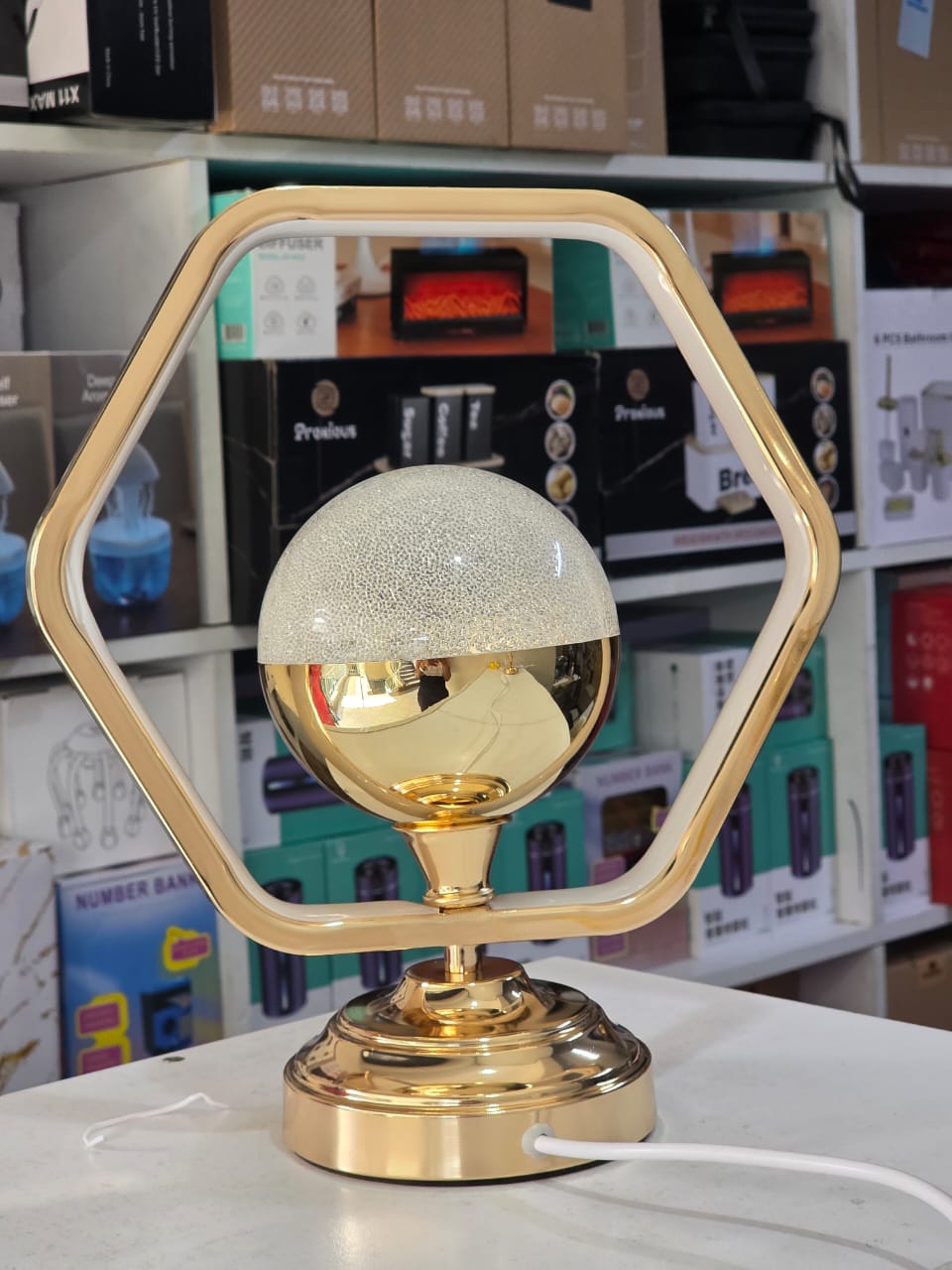 Nordic Hexagon LED Table Lamp with Gold Frosted Glass | - Elegant Households KE