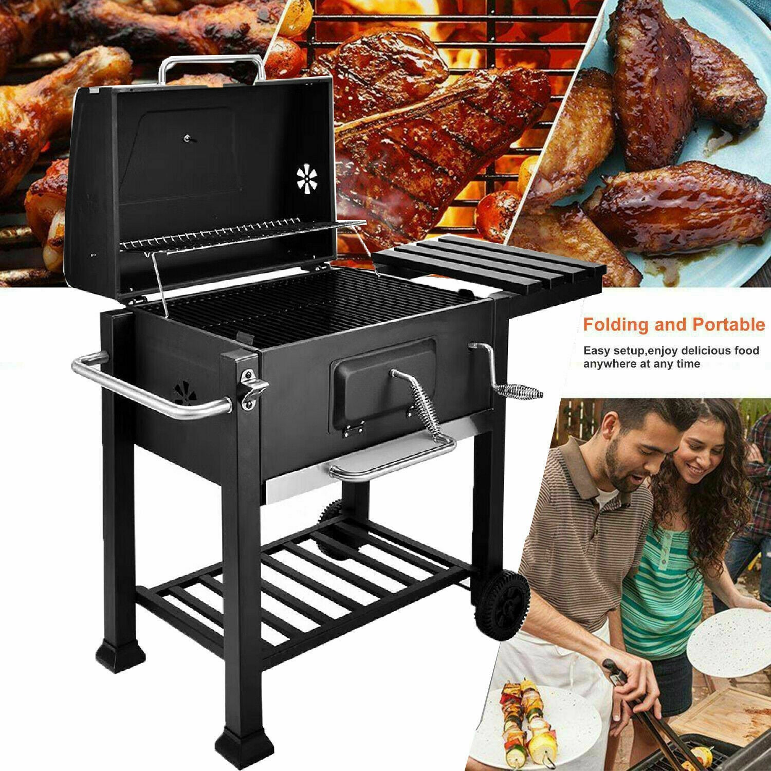 Outdoor Garden Barbecue Portable BBQ Grill Outdoor Large Charcoal Trolley Rectangular BBQ Barbecue Grill | - Elegant Households KE