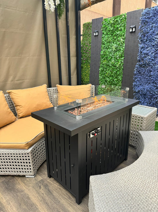 Outdoor Gas Fire Pit Table with Glass Wind Guard & Lava Rocks | - Elegant Households KE