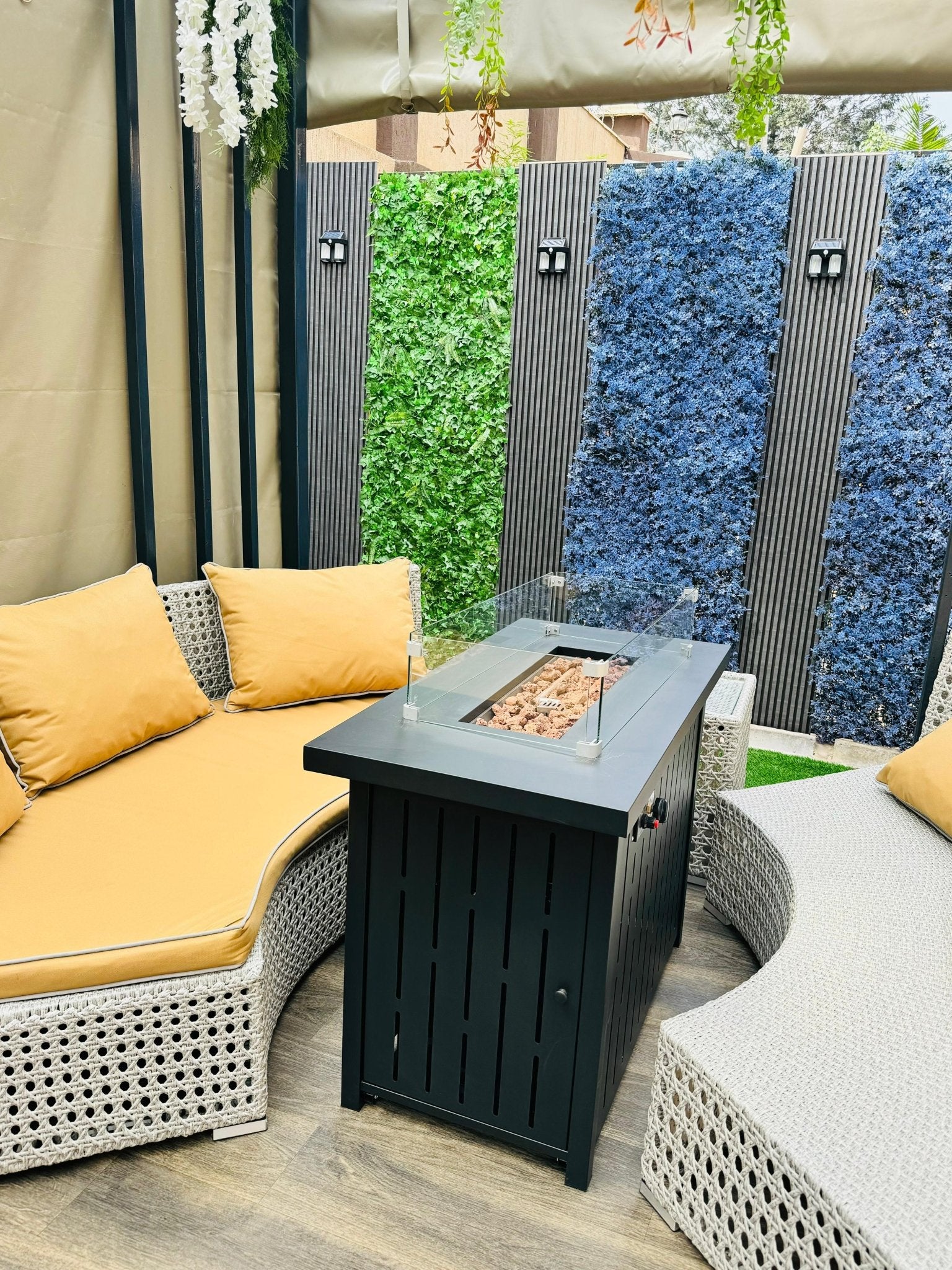Outdoor Gas Fire Pit Table with Glass Wind Guard & Lava Rocks | - Elegant Households KE