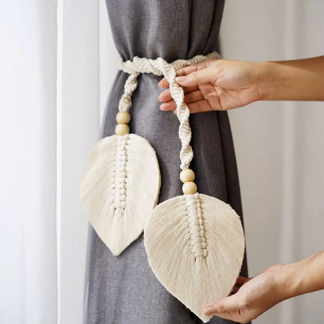 Pair of Boho Leaf Curtain Tiebacks – Handmade Woven Straps | - Elegant Households KE