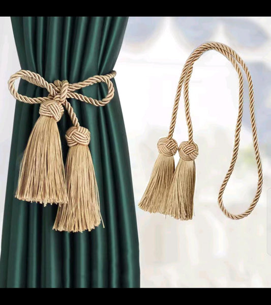 Pair of Gold Tassel Curtain Tiebacks – Rope Holder Set | - Elegant Households KE
