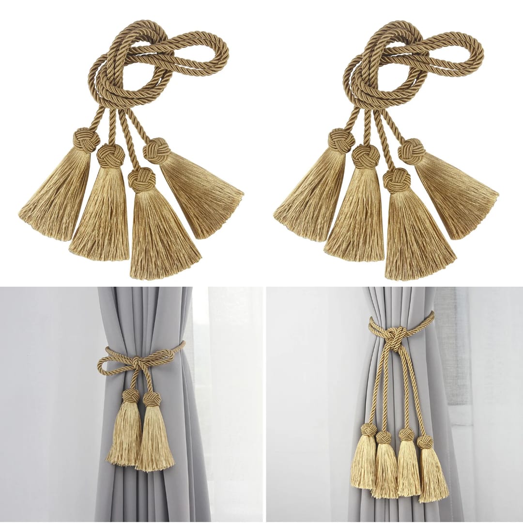 Pair of Gold Tassel Curtain Tiebacks – Rope Holder Set | - Elegant Households KE