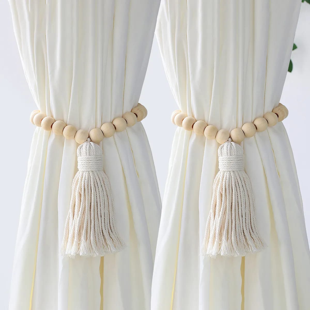 Pair of Macrame Curtain Tiebacks with Wooden Beads | - Elegant Households KE