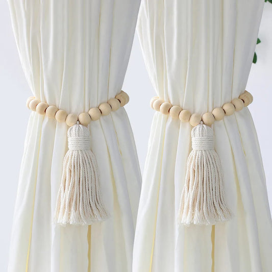 Pair of Macrame Curtain Tiebacks with Wooden Beads | - Elegant Households KE