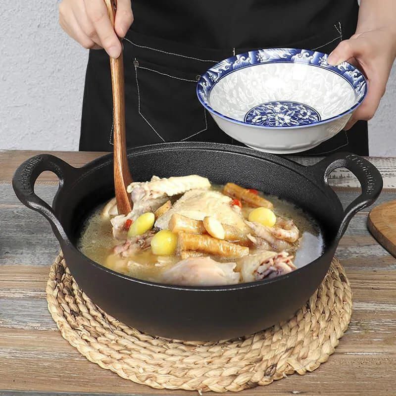 Pre - seasoned Pure Cast Iron Flat Bottom Wok with Wooden Lid | - Elegant Households KE