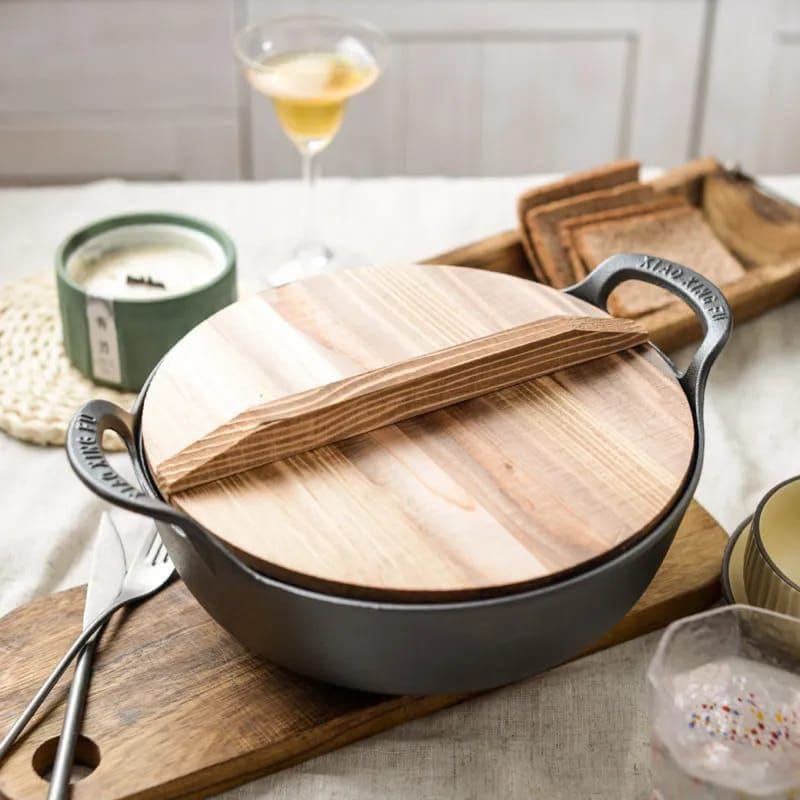 Pre - seasoned Pure Cast Iron Flat Bottom Wok with Wooden Lid | - Elegant Households KE