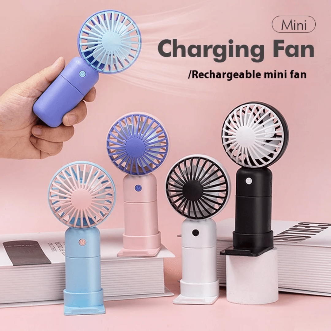 RECHARGEABLE PORTABLE HANDHELD FAN WITH STAND BASE | - Elegant Households KE