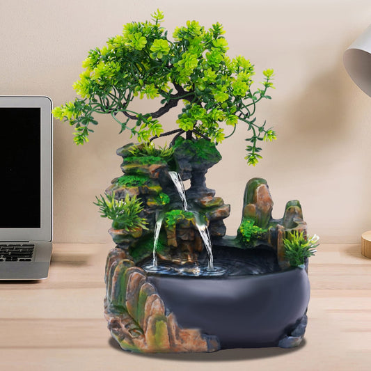 Resin Rockery Indoor Water Fountain – Tabletop Cascading Waterfall with Bonsai Decor | - Elegant Households KE