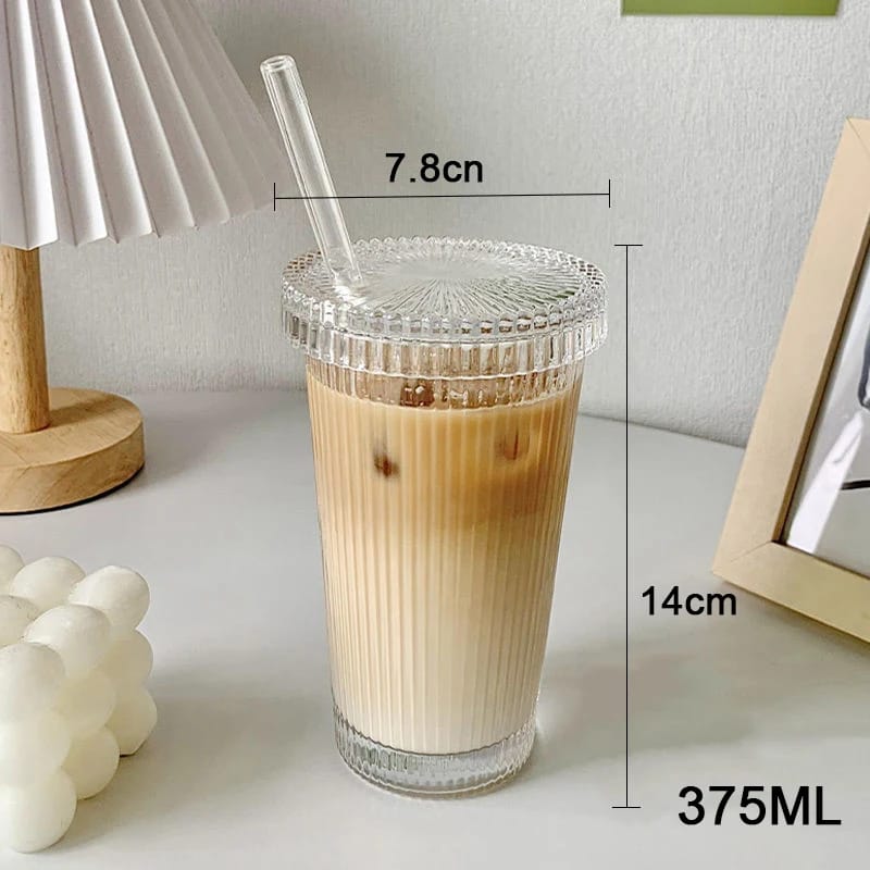 Ribbed glass cup with straw* | - Elegant Households KE