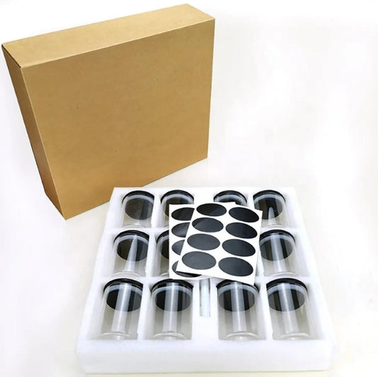 12-Piece Glass Spice Jar Set – 200ml Containers with Black Bamboo Lids, Free Stickers & Pen for Kitchen Organization