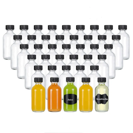 Ginger Shot Glass Bottles 60ml with Lids – Set of 12 Reusable Mini Glass Bottles for Wellness Shots, Immunity Boosters, Juice, Wheatgrass & Turmeric Shots