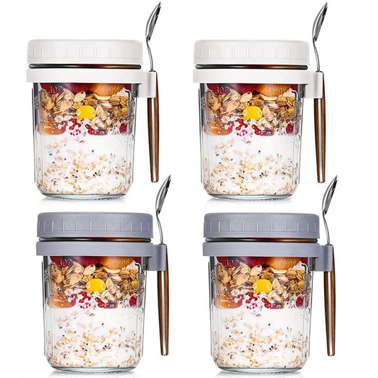 4pcs Overnight Oats Jar Set – 350ml Glass Containers with Spoon