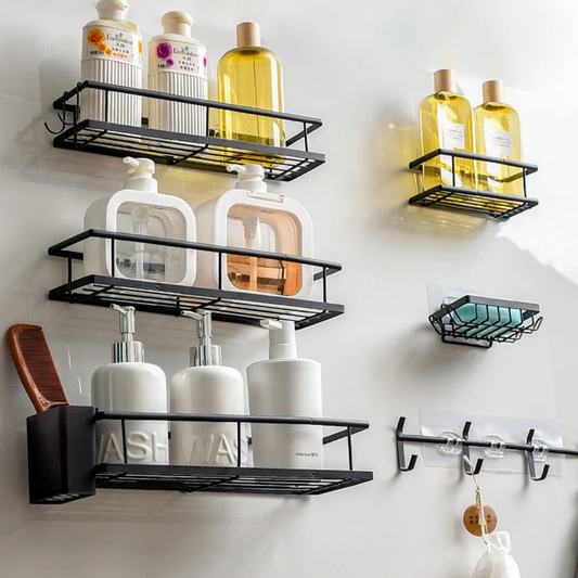 8pcs Bathroom Organizer Set – Matte Black Rust-Proof Shower Caddy with Storage Racks, Soap Holders, Razor Holder & Hooks – No Drill Wall Mounted Bathroom Storage