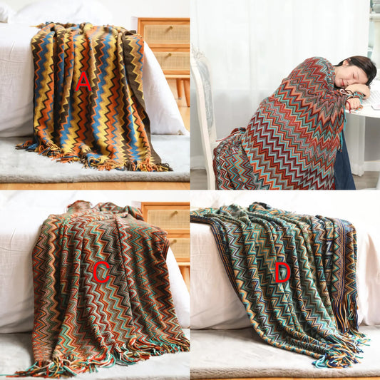 Boho Knit Throw Blankets Chenille Jacquard Soft With Tassel