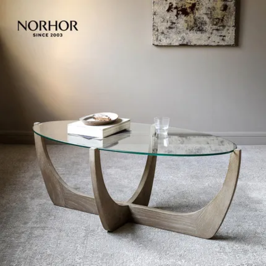 Modern Coffee Table with Wooden Base & Tempered Glass Top