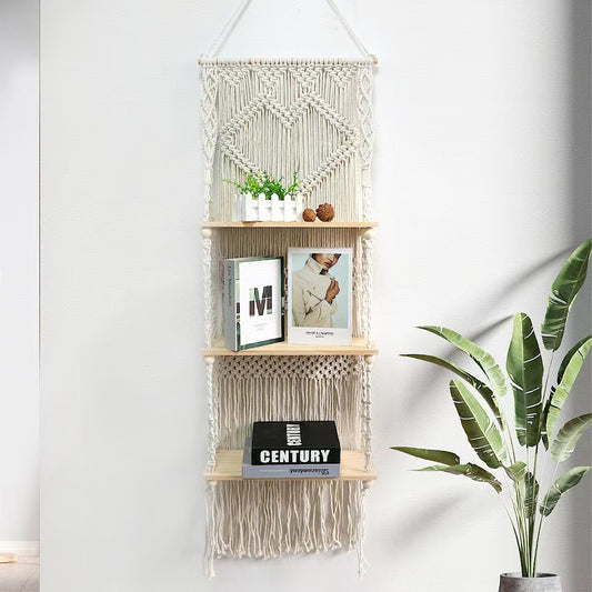 Woven Tapestry 3 Tier Bohemian wall hanging floating shelves