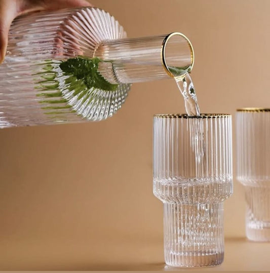 6pcs Ribbed glasses with gold rim and decanter