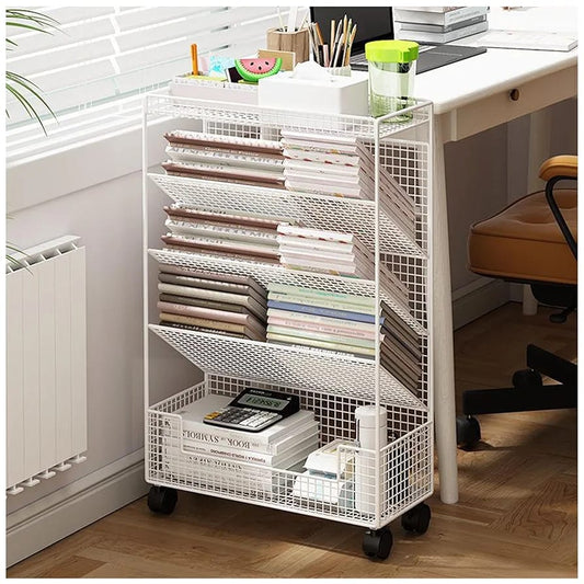 Multipurpose Bookshelf Stand with Wheels – Metal Storage Rack in Black & White