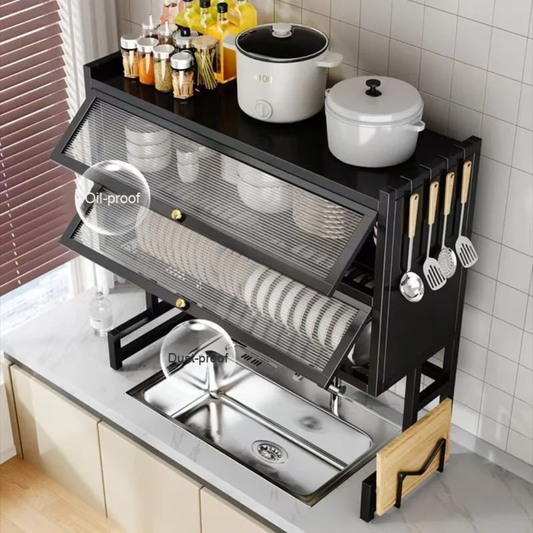 Double Over-the-Sink Storage Rack with Glass Acrylic Cover – Kitchen Organizer Shelf