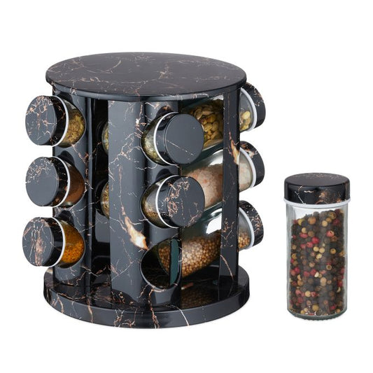 Black Marble Spice Jars  With A Rotating Stand