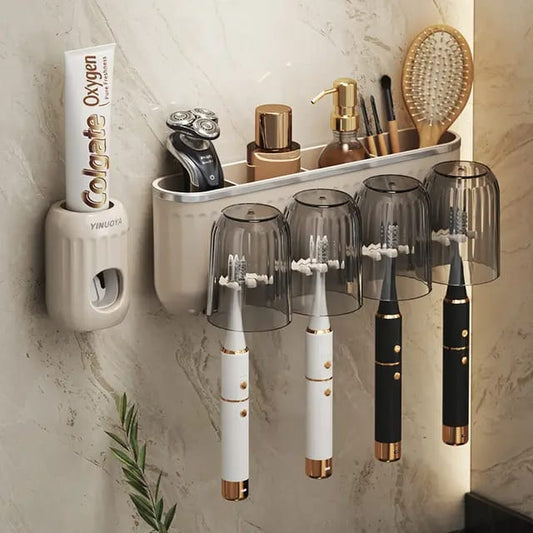 Premium Toothbrush Organizer with Automatic Toothpaste Dispenser & Cups