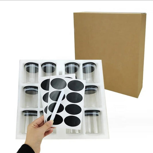 12-Piece Glass Spice Jar Set – 200ml Containers with Black Bamboo Lids, Free Stickers & Pen for Kitchen Organization