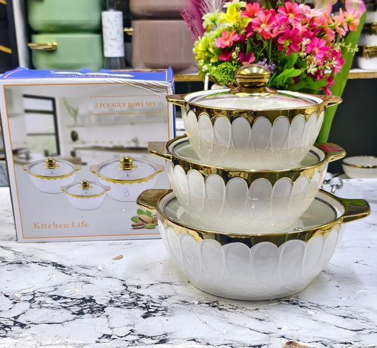 3-Piece Gold-Rimmed Ceramic Serving Bowl Set | Elegant, Durable & Microwave Safe Tableware