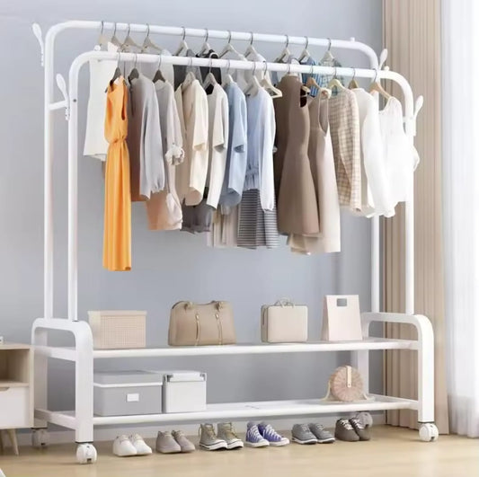 Double Pole Clothing Rack with Wheels and Shoe Rack