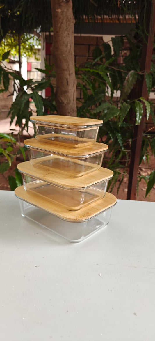 Set of 4 Rectangle Glass Food Storage Containers – Airtight Bamboo Lids,