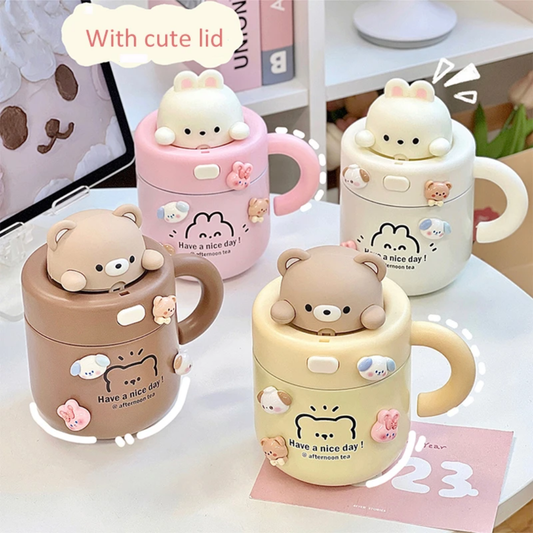 Cute bear rabbit thermos,kawaii straw with lid