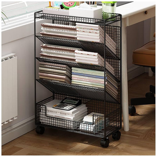 Multipurpose Bookshelf Stand with Wheels – Metal Storage Rack in Black & White
